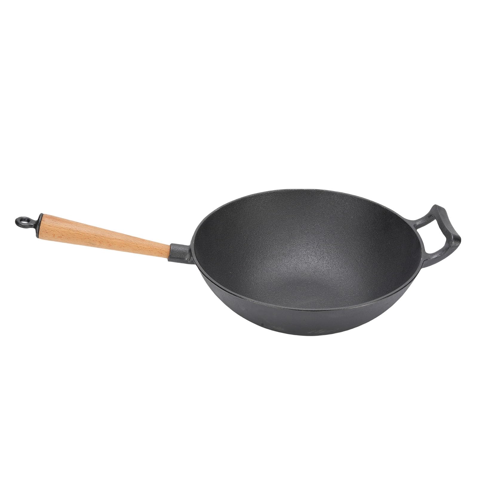 Żeliwna Patelnia Wok Trwała Patelnia do Smażenia z Drewnianym Uchwytem do Kuchenki Gazowej i Grilla na świeżym Powietrzu