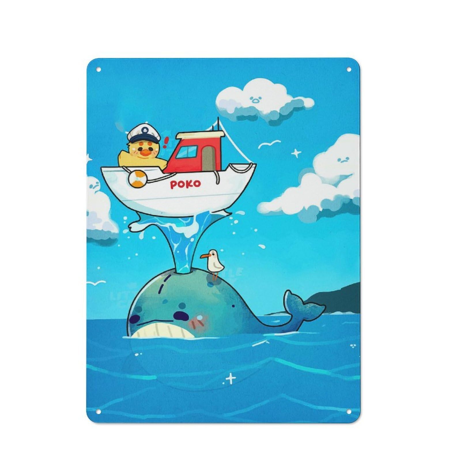 Duck Captain on Whale Cartoon Illustration Decorative Metal Sign 40x30cm, Understated Studio Wall Plaque for Hobby Room, Office, Lounge Or Living Room