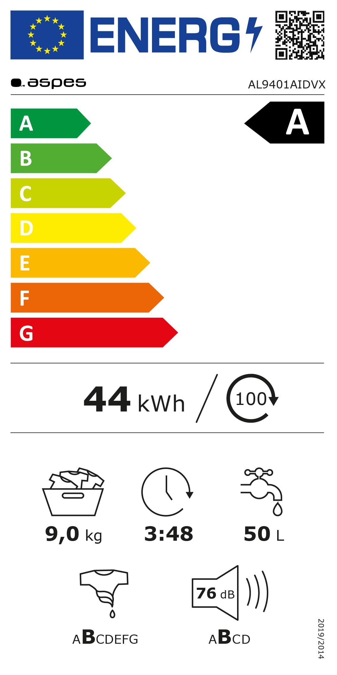 Aspes Lavadora 9 Kg Carga Frontal, Inox, AL9401AIDVX. 1400 rpm, Motor Inverter, 16 Programas, Eco-logic System, Tambor de Acero Inoxidable, Clase de Eficiencia Energética A
