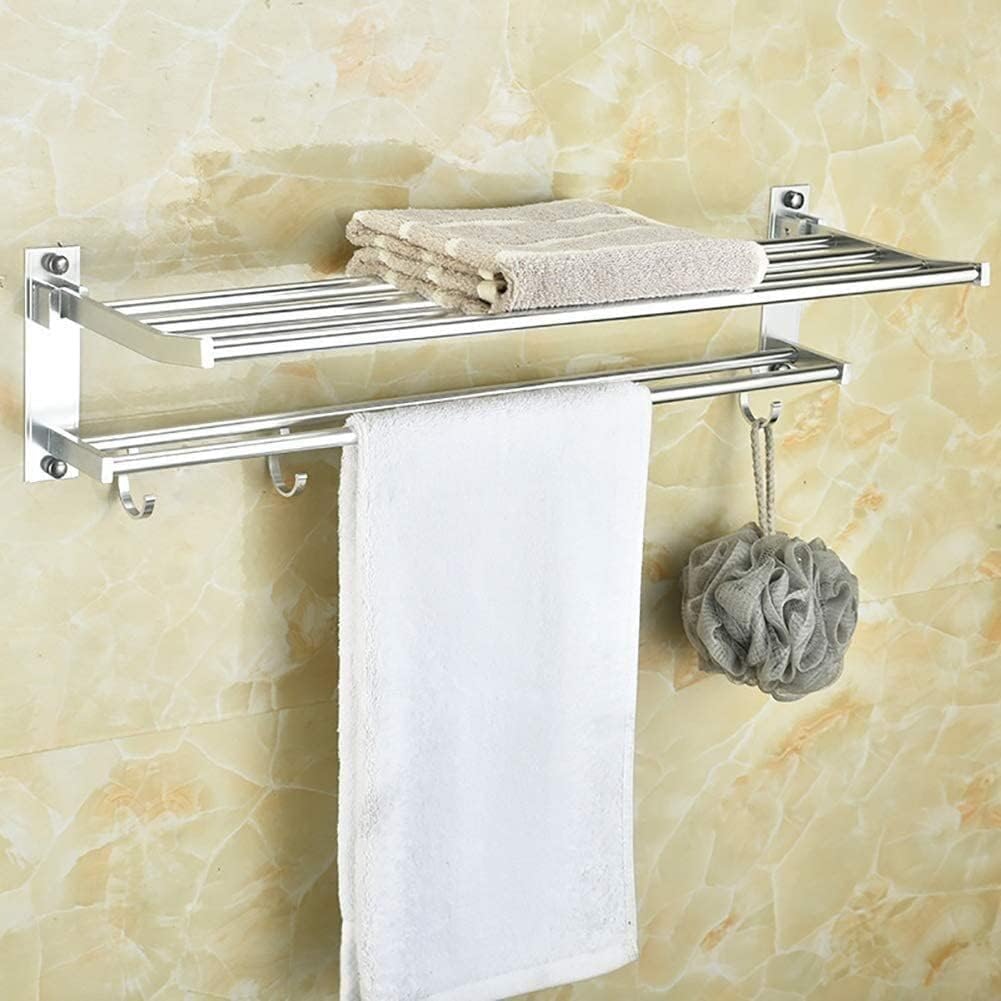 Towel Rail Towel Rails Towel Rack, Foldable Towel Bars Wall Mounted Bathroom Towel Shelf Organizer Over Toilet with Hooks Towel Holder Towel Racks/Silver/40Cm (Silver 40Cm) image 2