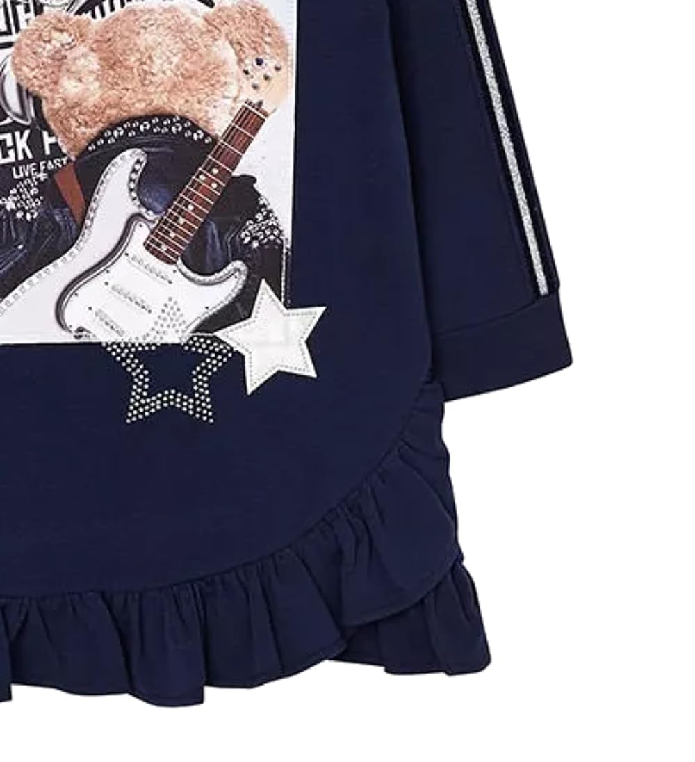 Sukienka dziewczęca gwiazda rocka z nadrukiem na gitarę i falbanki, długie rękawy, spódnica w kolorze granatowym, styl casual i komfort, sukienka księżniczki dla dziewczynki, zima