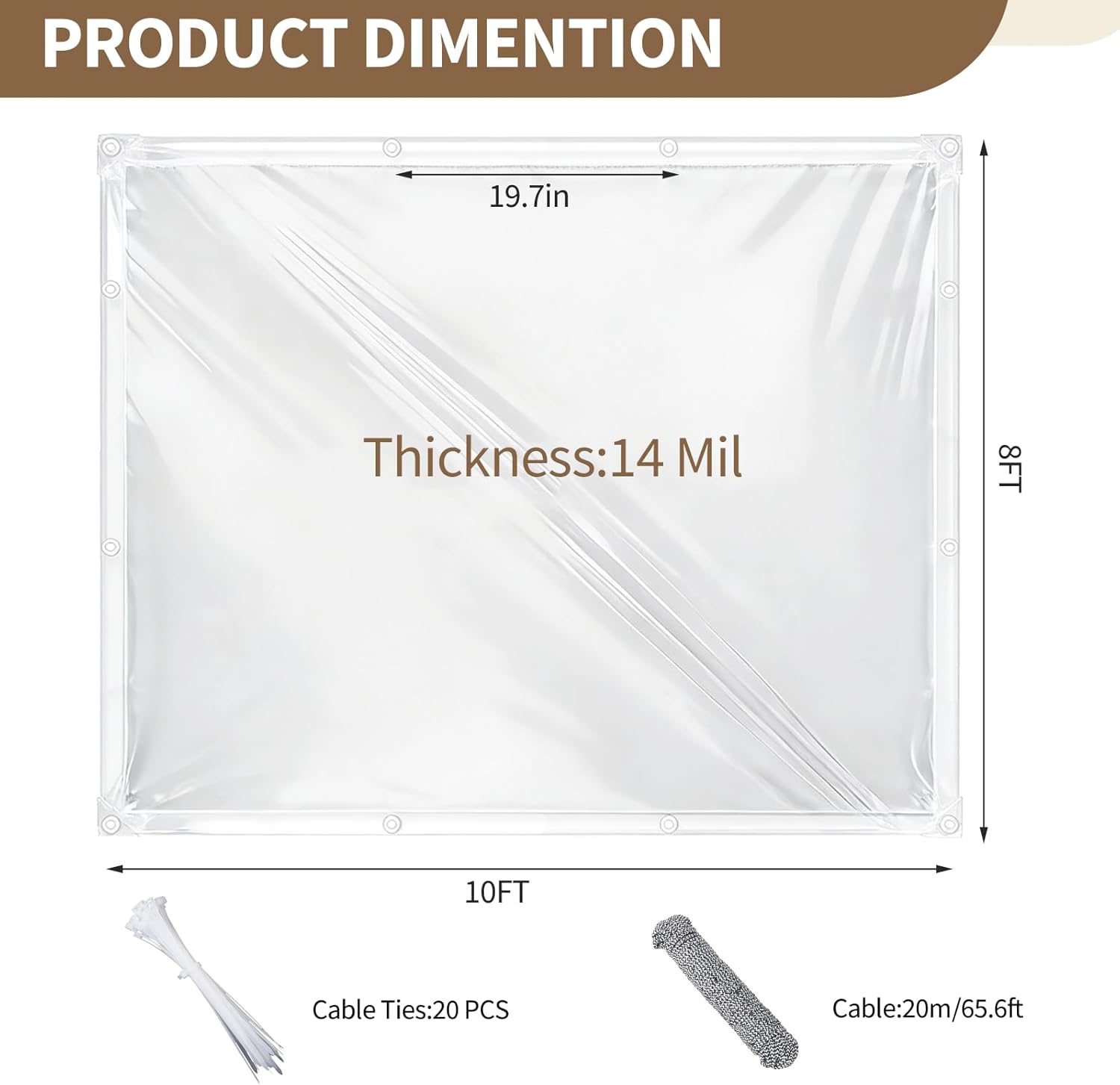 8x10ft Clear Tarps Heavy Duty PVC, 14 Mil Transparent Waterproof Vinyl Tarpaulin with Grommets & Ropes, Durable Windproof Dustproof Raincloth for Greenhouse, Patio, Garden, Pavilion