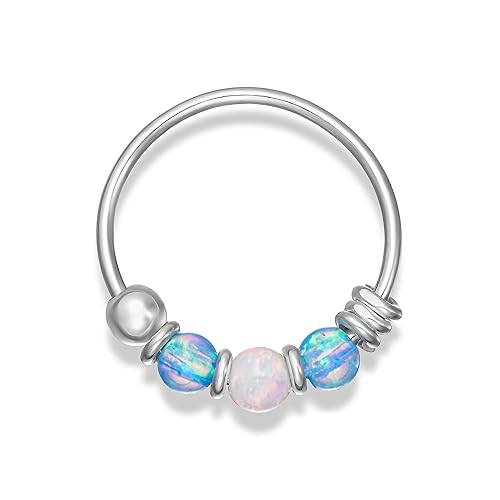 Handmade 925 Sterling Silver SINGLE Small 10MM Hoop Earring Set with Trio Blue&White Opal - SINGLE Hoop for ONE ear - for Helix, Cartilage, 2nd Ear disponible en Yaxa El Salvador