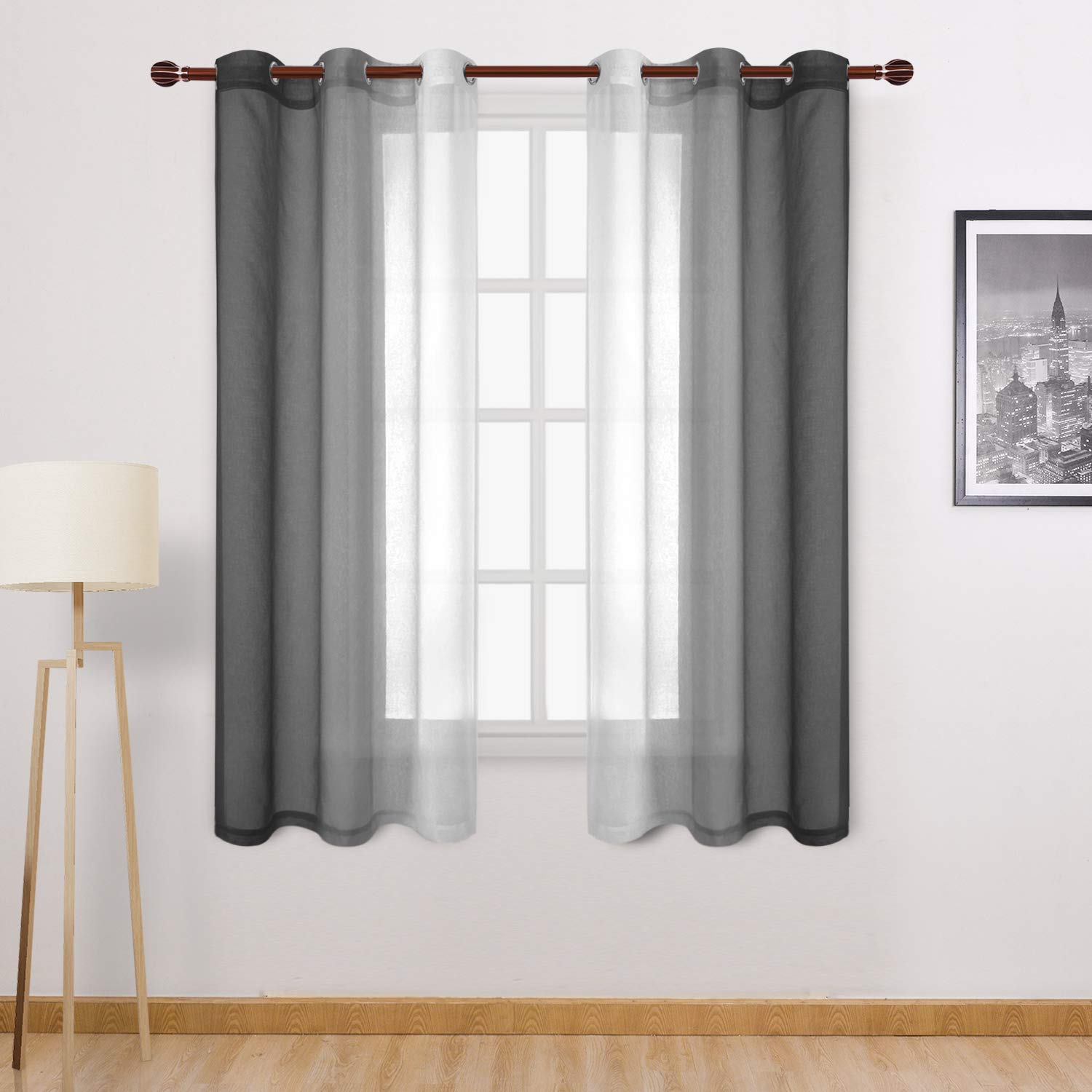 DWCN Black Faux Linen Ombre Sheer Curtains - Gradient Semi Voile Grommet Top Bedroom and Living Room Curtains, Set of 2 Window Curtain Panels, 42 x 63 Inch Length — image 1