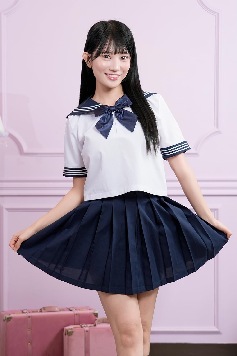 [Kanoan] セーラー服 長袖 紺色 ネイビー 白 ３本 （特大）コスプレ茶３本線冬セーラー服上下セット 色 紺色