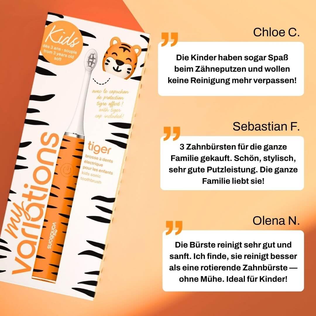 My Variations Kids – Elektrische Schallzahnbürste für Kinder – wiederaufladbar – empfohlen von Zahnärzten – 2 Modi – 27 Aufkleber – 1 Monat Akkulaufzeit – Timer – ab 3 Jahren (Tiger, 3-12 Jahre)