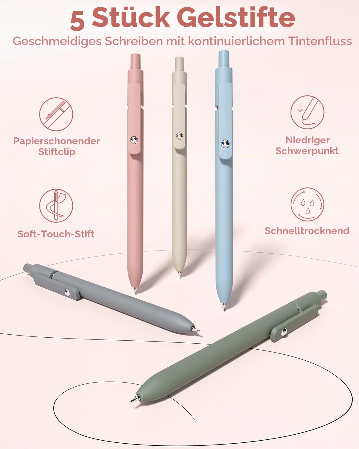 Four Candies 56 PCS Ästhetisches Schulmaterial mit Federmäppchen, 6 farbigen Kugelschreibern, 12 pastellfarbenen Textmarkern, 5 Gelschreibern mit schwarzer Tinte, 9 Druckbleistiften 0,5-2,0 mm(Rosa)
