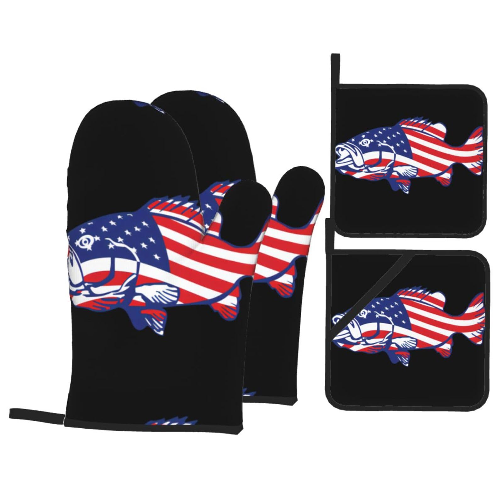 YYHHAOFA American Flag Patriotic Fishing Prints Kitchen Baking Set with Heat Resistant Pot Holders & Oven Mitts - Waterproof Layers for Cooking, Grilling & Serving, Includes Pocket Layer