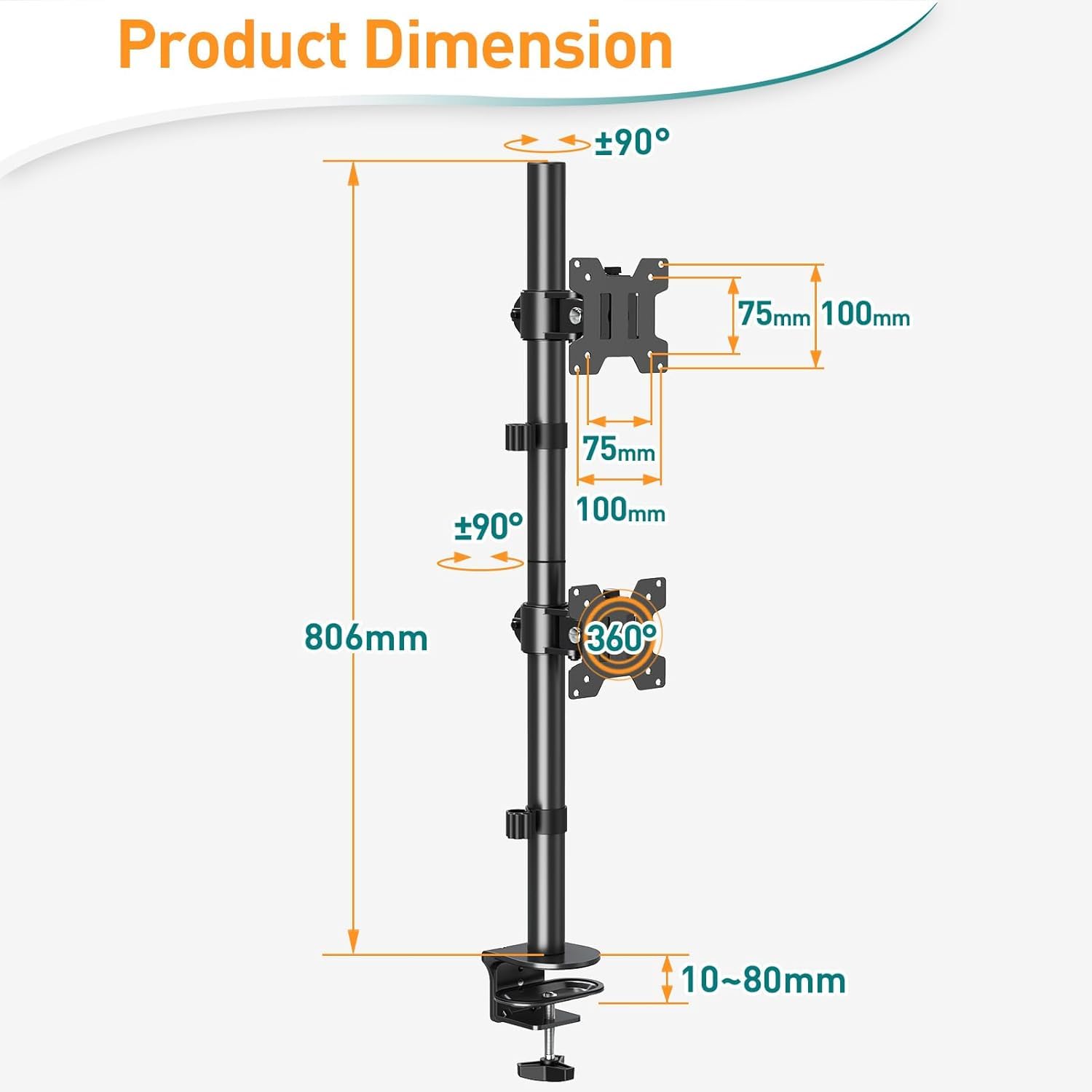 ELIVED Supporto verticale per 2 monitor, asta da 80 cm per monitor da 13-32 pollici fino a 8 kg Supporto doppio per monitor EV4012