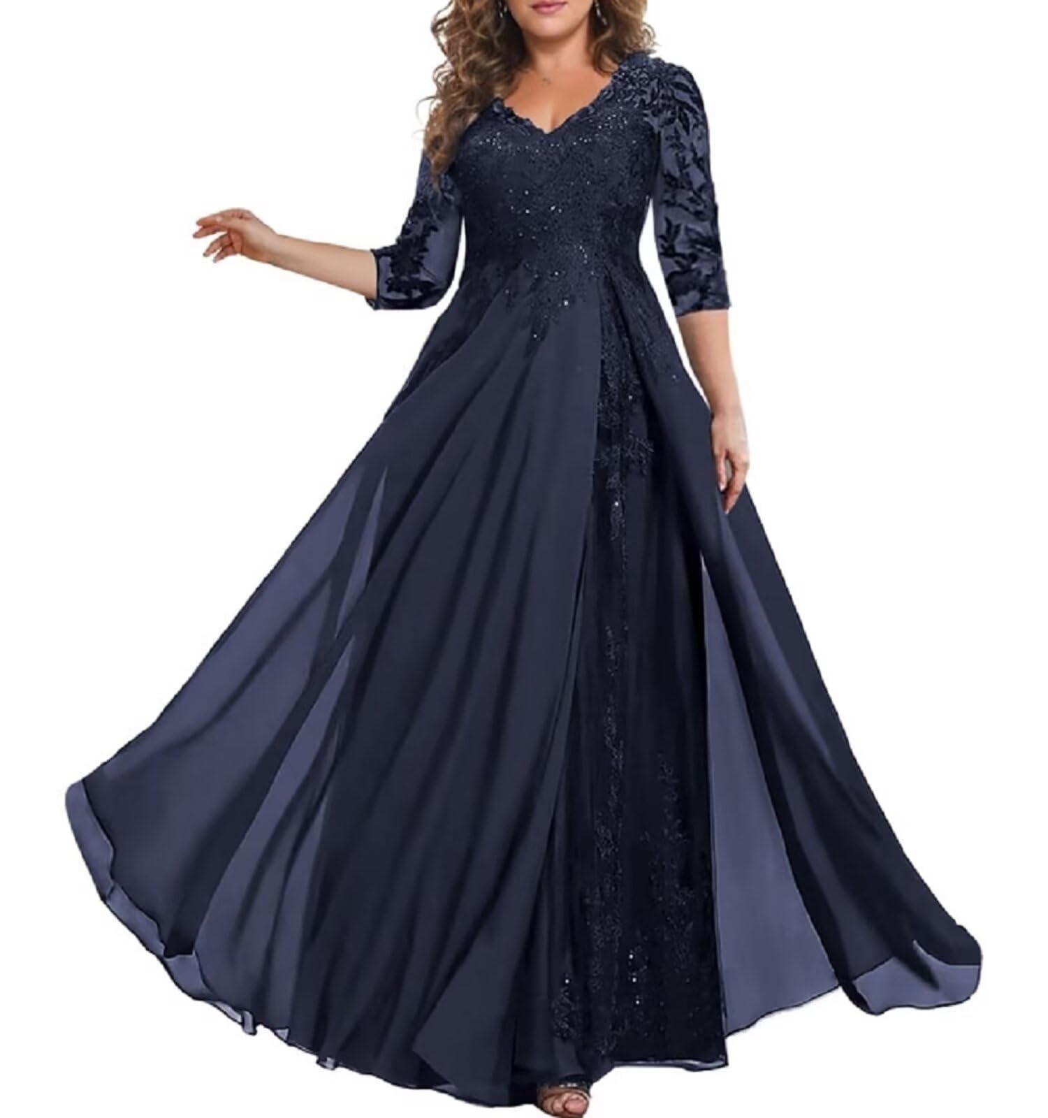 3/4 Sleeve Mother of The Bride Dresses for Wedding Chiffon Lace V-Neck Long Formal Evening Gowns