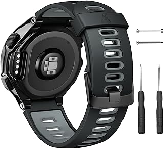 NotoCity Compatible with Forerunner 220 Watch Bands Black Buckle Sport Silicone Watch Strap Replacement for Forerunner 230/220/235/620/630/735XT and Approach S20/S5/S6 Smartwatch (Black-grey)