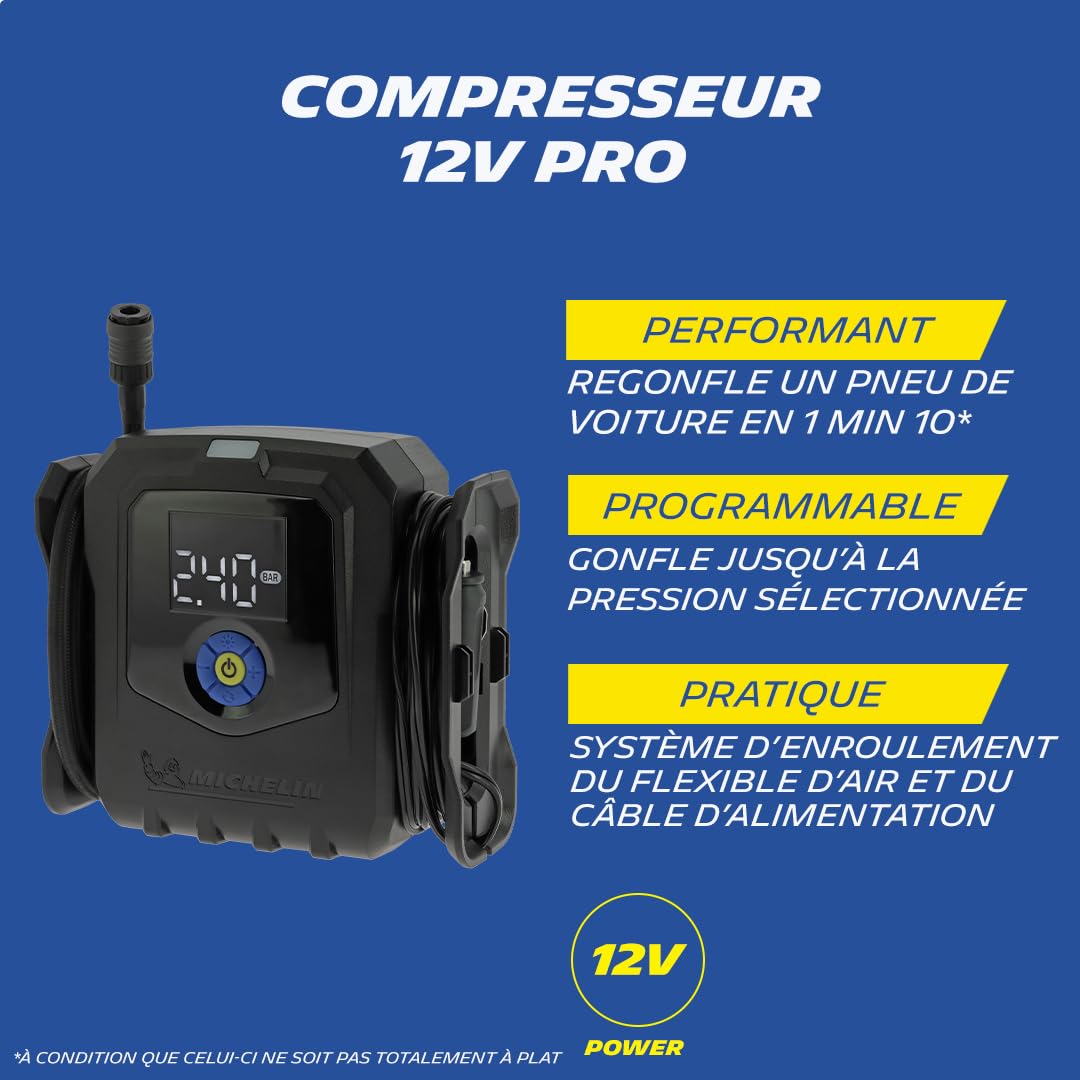 MICHELIN 009542 Compressore d’Aria Elettrico Professionale – Gonfiatore per Pneumatici Auto – Pressione Programmabile 8 BAR 168W – 12V Presa Accendisigari – Portata 24L al Minuto – 3 Adattatori