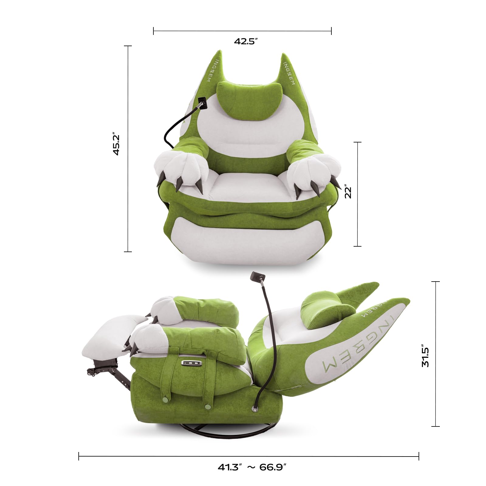 INGREM Smart Recliner with Adjustable Settings, Voice-Activated Home Theater Gaming Seat Rocker, Electric Lounge Chair Featuring USB Port ,Phone Holder and Cat Claw Armrest ()