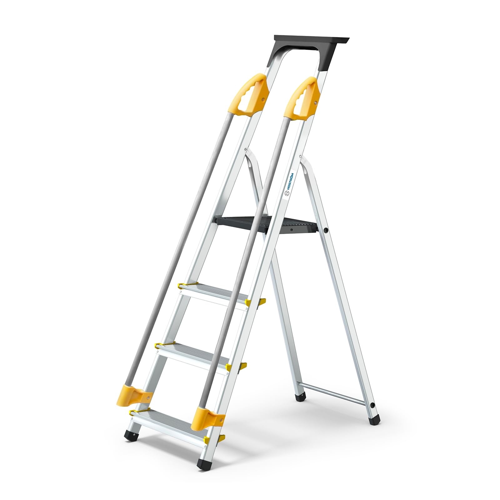 HOSTRÖM Escalera de 4 peldaños DURAMP con rampas de Seguridad y Estante portaherramientas, Ligera y Plegable, Altura de Plataforma 75 cm, garantía de 5 años.