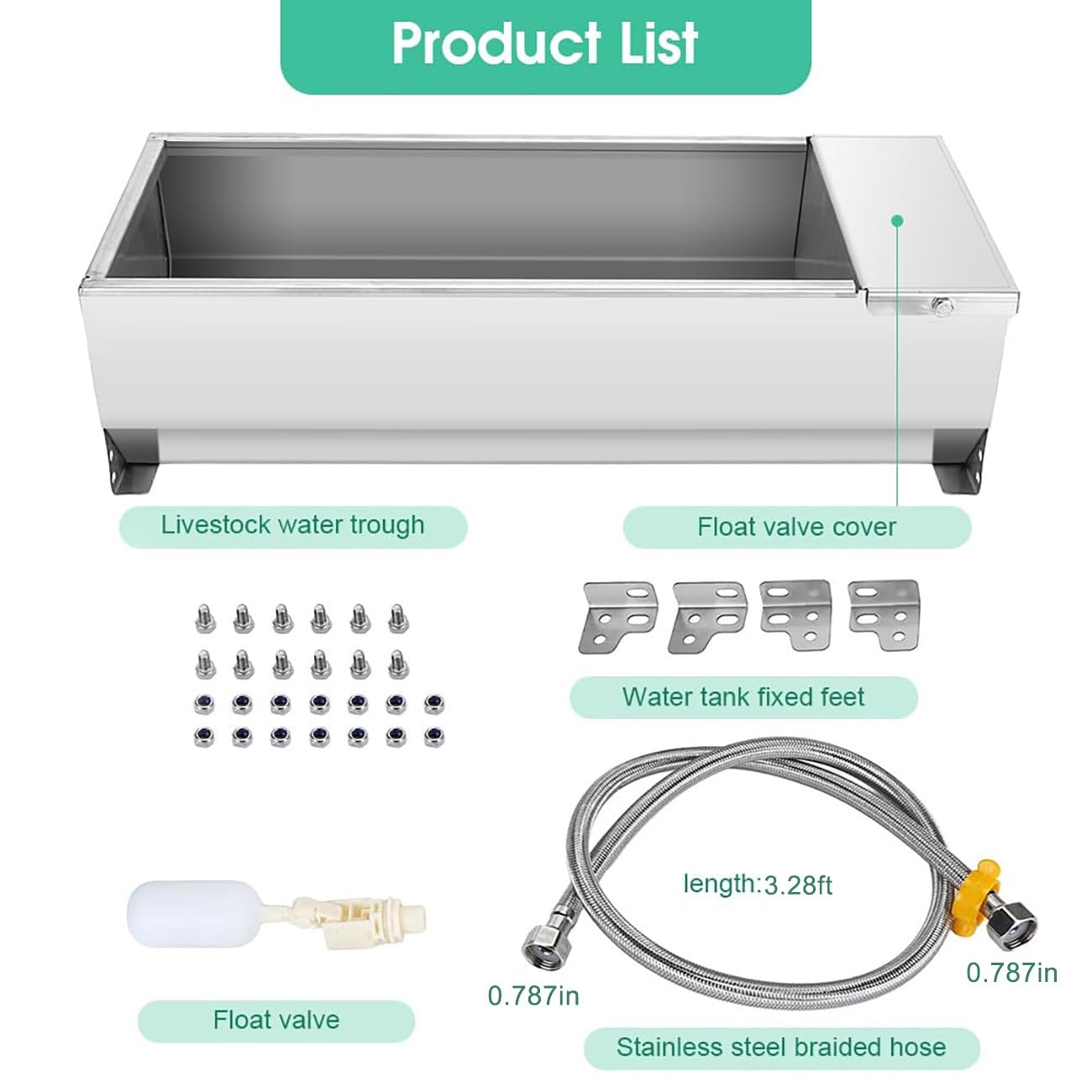 Bebedero automático para ganado, bebedero de gran capacidad de 7.5 L con kit de válvula de flotador, tanque de agua de acero inoxidable con llenado automático, dispensador de agua