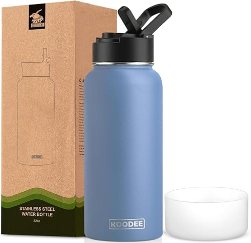 Miniatura 64 de koodee Botella de agua de 16 onzas de acero inoxidable de doble pared aislada al vacío, botella de agua de boca ancha con tapa de popote a prueba de