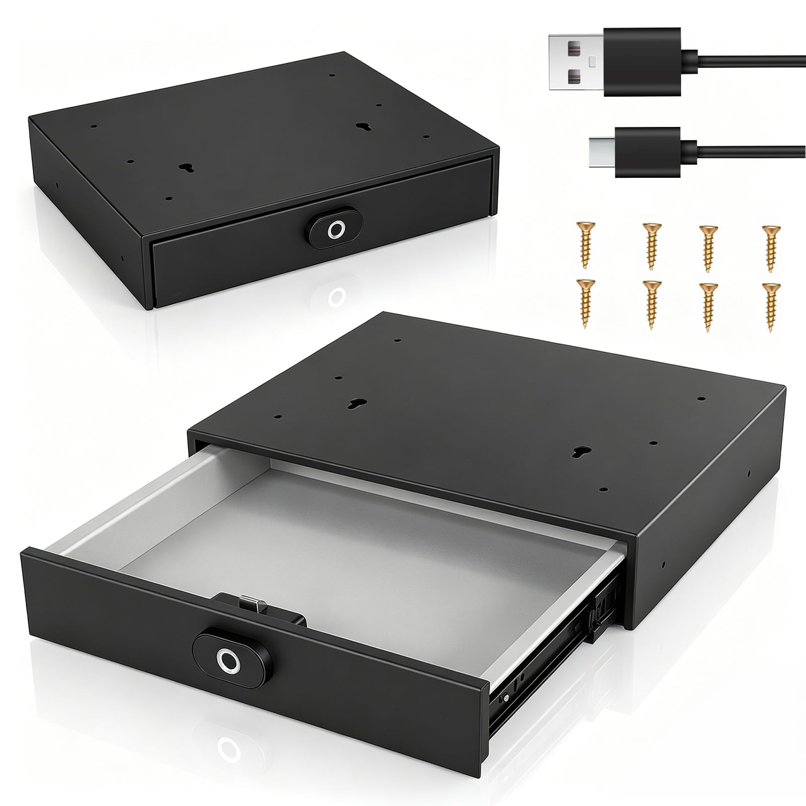 Coffre Fort Discret Sécurité par Empreinte Digitale Tiroir 35×28×7 cm | Petit Coffre Fort avec USB-C Verrouillage Automatique et Rails Silencieux pour Maison Bureau Hôtel et Armoire
