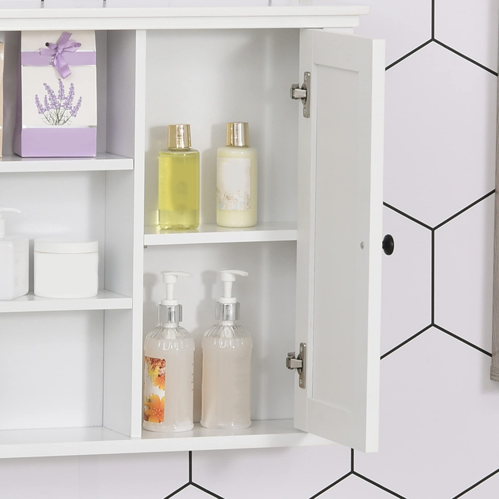 HOMCOM Armoire Murale de Salle de Bain Meuble Suspendu WC Placard 1 Porte 3 niches dim. 53L x 14,5l x 50,5H cm en Bois Blanc