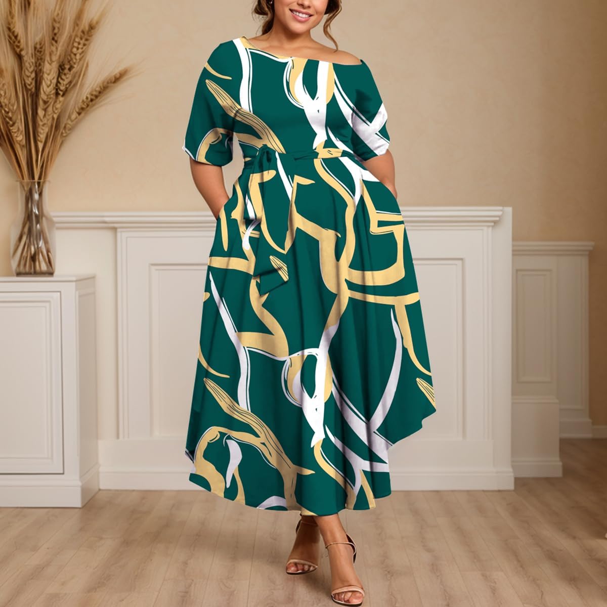 Plus Size Women Wedding Guest Dress Off Shoulder Boat Neck Irregularly Flowy Midi Church Dress - Image 3