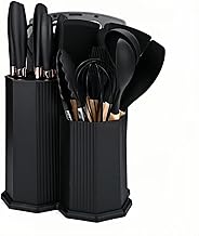 19 Piece Kitchen Utensils Set with Silicone Kitchen Utensils 5 Sharp Knives Chopping Board Including Diamond Shaped Storage Box - Complete Cooking Set for Any Kitchen Black