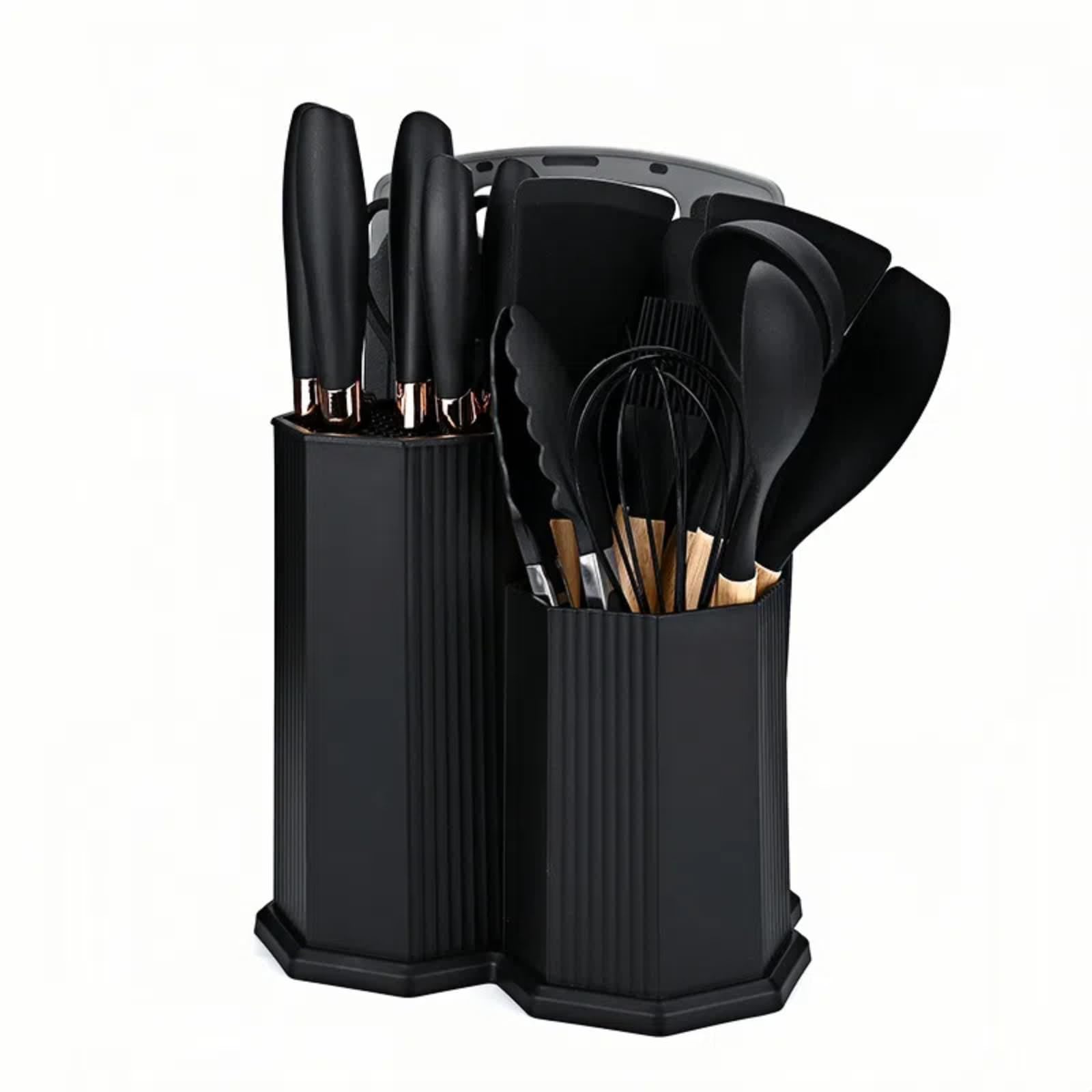 Set Utensili da Cucina 19 Pezzi Nero – Include 5 Coltelli, 1 Tagliere 13 Utensili in Silicone con Scatola di Conservazione a Forma di Diamante – Resistenti al Calore Ideale per Ogni Cucina