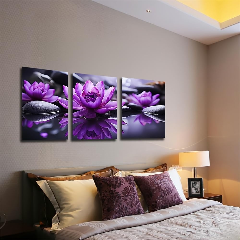 GLWDME 3 sztuki 30 x 40 cm abstrakcyjna akwarela fioletowy kwiat płótno sztuka ścienna, obrazy na płótnie, plakaty i wydruki, obraz ścienny do sypialni, pokoju jogi, kuchni, łazienki (z ramą