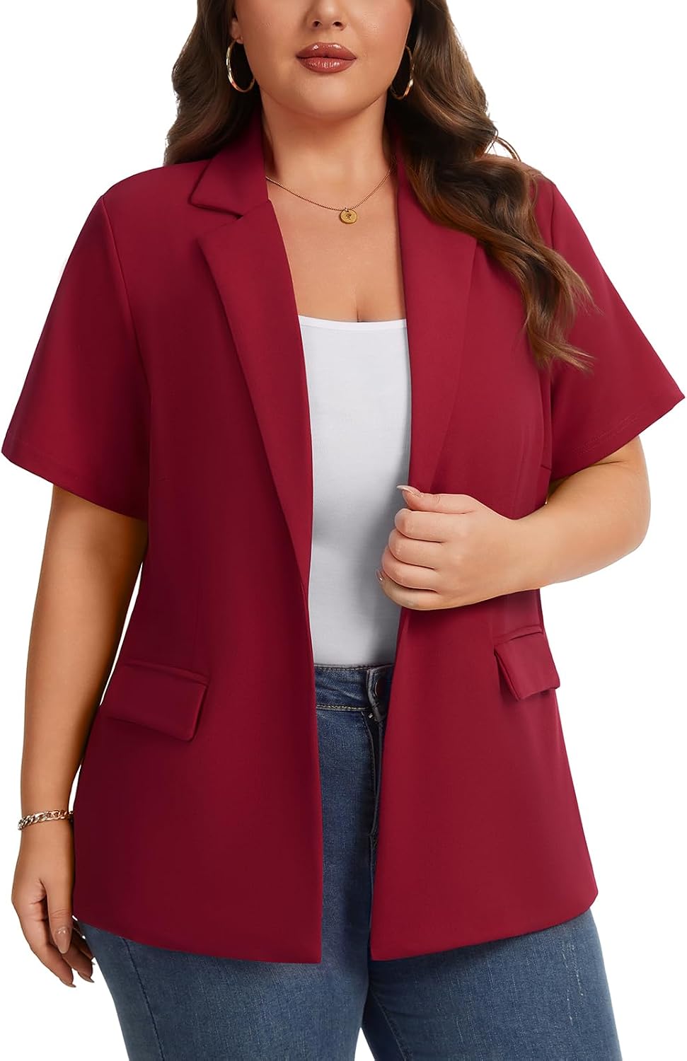 Plus Size Blazer for Women Short Sleeve Notched Lapel Blazers with Pockets One Button Work Office Jacket Suit