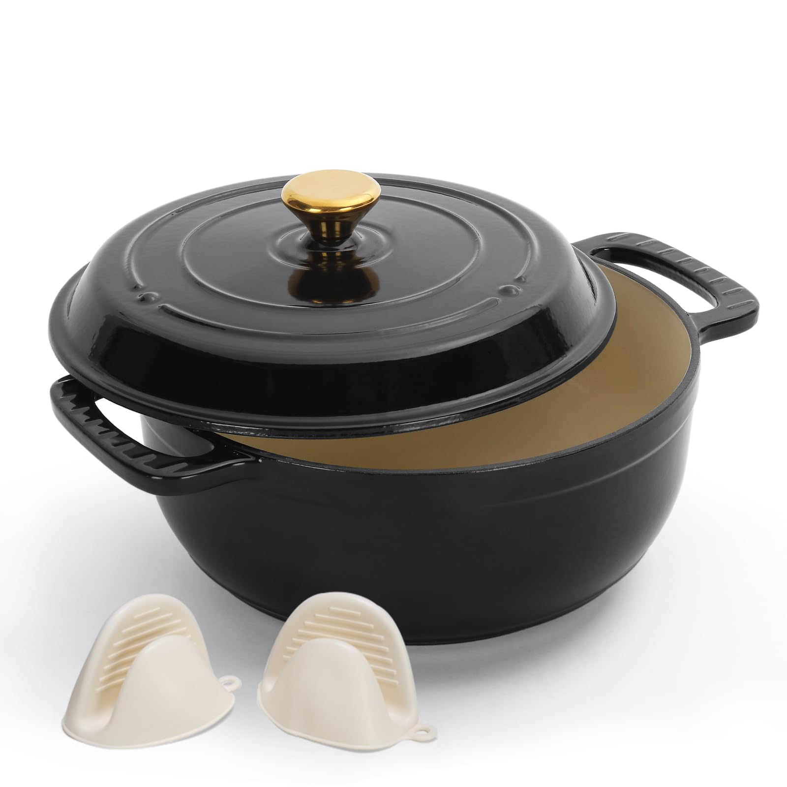 ROVSON Enamelled Cast Iron Dutch Oven, Casserole Dish with Lid and Silicone Gloves, Oven Safe Pot for Bread Baking, Braising and Stews (Glossy Black, 5QT)