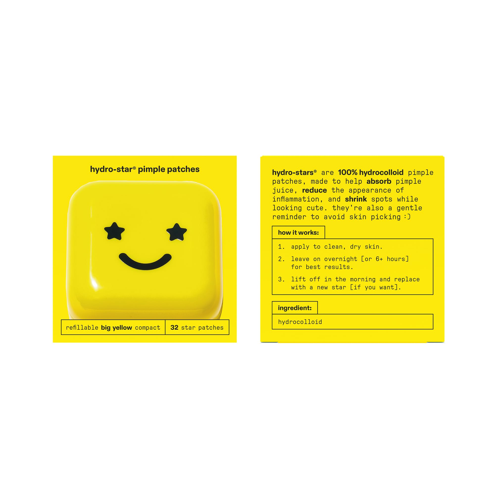 Starface Hydro-Stars Big Yellow, Cerotti per brufoli idrocolloidali, assorbono i fluidi e riducono l’infiammazione, a forma di simpatica stella, vegani e non testati sugli animali (32 pezzi)