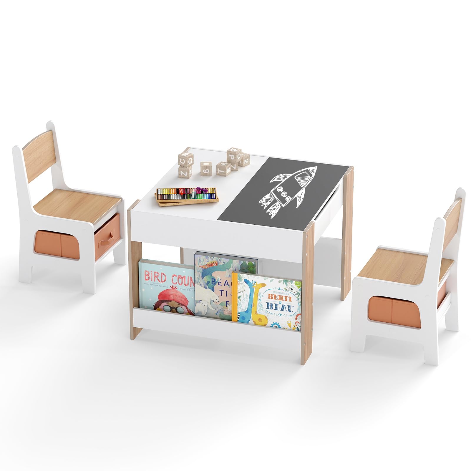 LIFEZEAL Kindertisch mit 2 Stühlen, 3 in 1 Aktivitätstisch Tafeltisch Maltisch mit wendbaren Tischplatten & Bücherregalen, 3 TLG Kindersitzgruppe Kinder zum Zeichnen, Lesen und Spielen (Natur)