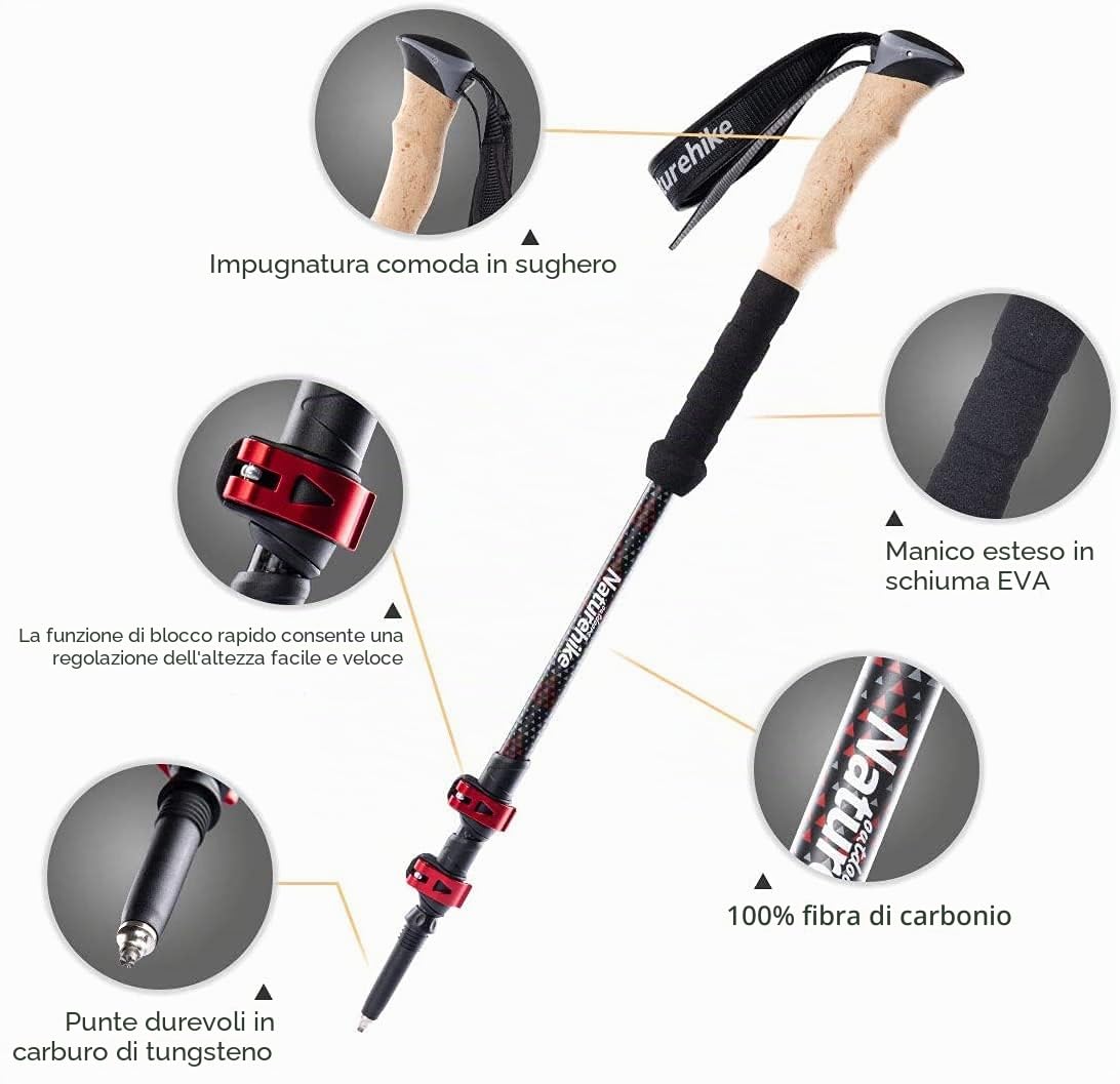 Naturehike Fibra di Carbonio Trekking Pole-pieghevole palo Telescopico con Manico in Sughero Naturale e Manico EVA Estesa palo Trekking Ultraleggero