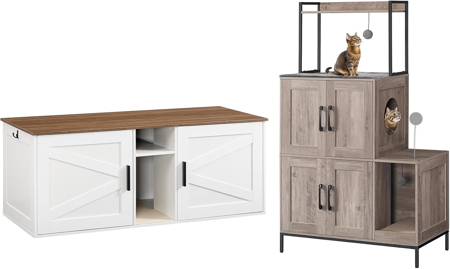 HOOBRO Double Litter Box Enclosure Bundle，Modern Cat Litter Box Furniture with Storage and Mat Design, 2 in 1 Hidden Litter Box Furniture with Shelf, BG78MW01-WH23MW01