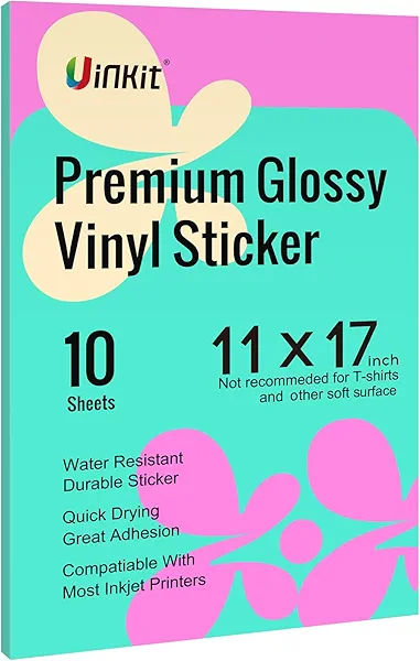 Uinkit Premium Vinyl Sticker for Inkjet Printer 11x17 inch Glossy White Sticker Paper 10Sheets Waterproof Label Vivid Color,Tear-Resistant, Removable