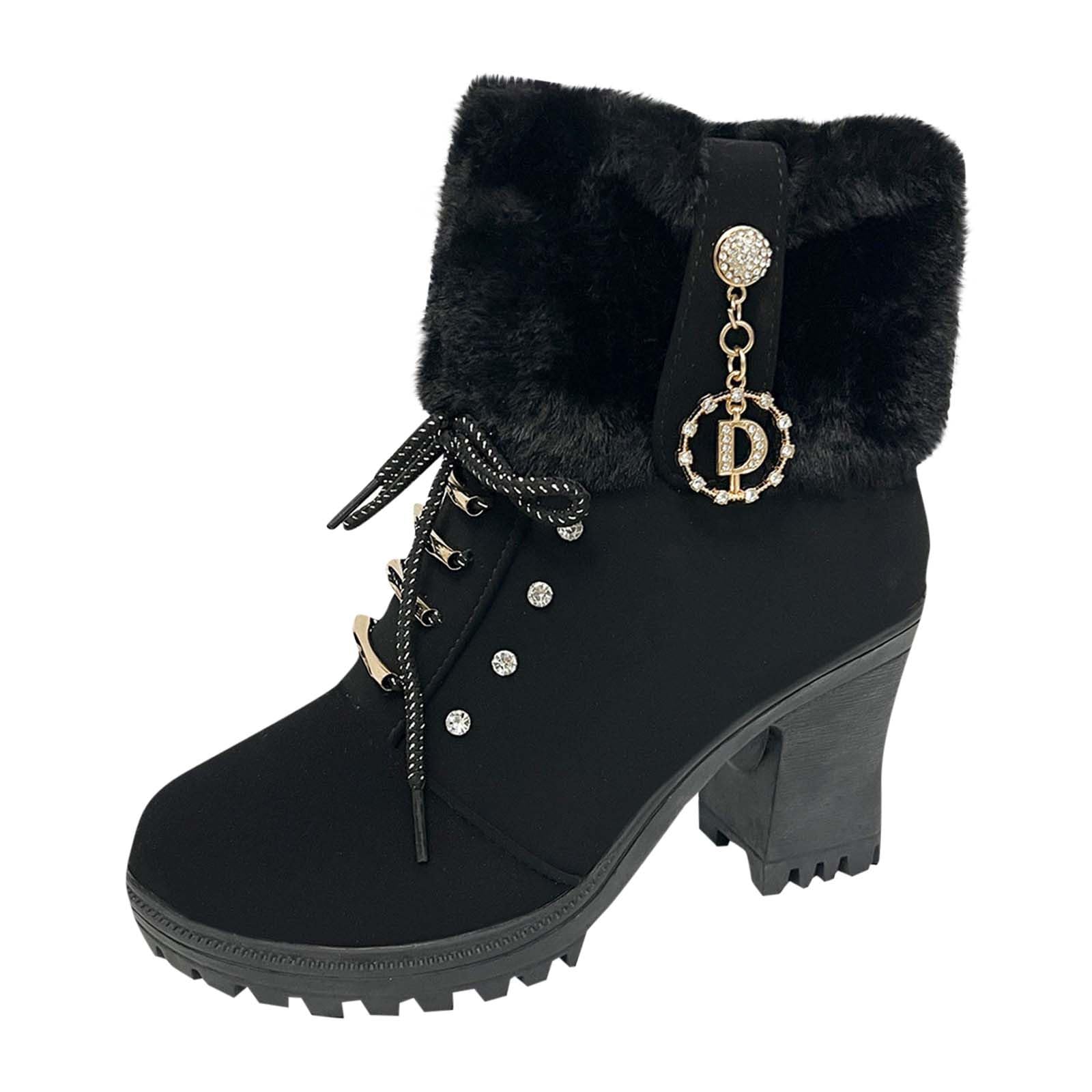 Womens Fur Lined Lace Up Ankle Boots Winter Warm Riding Boots Chunky Heel Lug Sole Suede Boot