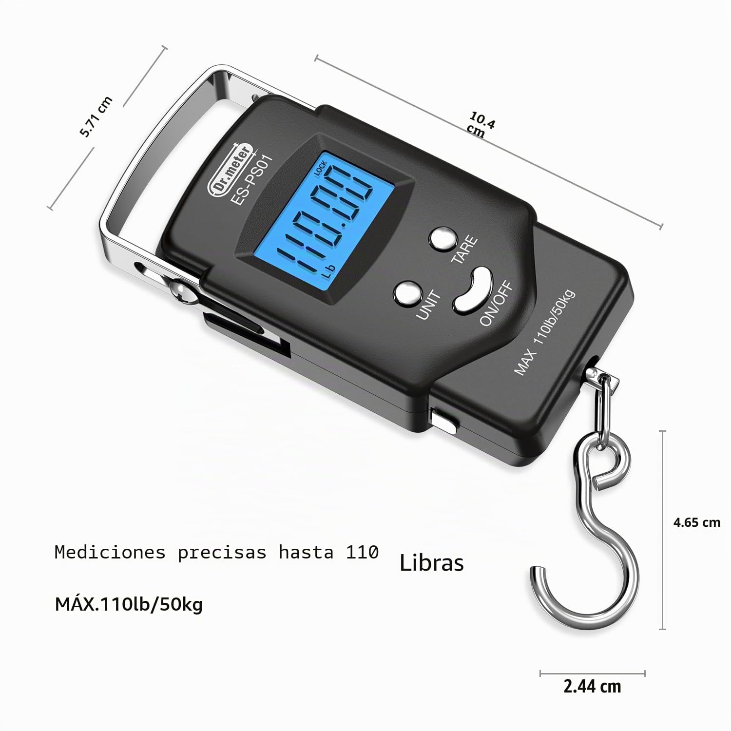Bascula pesca, Dr.meter pesa maletas, bascula maletas, Electrónico Digital con Pantalla LCD Retroiluminado 110 Libras / 50kg con Cinta Métrica, 2 Pilas AAA Incluidas