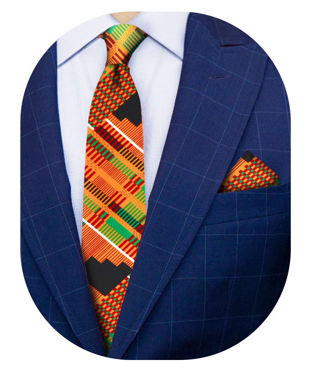 Vittorio Farina Men's Microfiber Kente African Print Necktie Tie & Hankie Set, Orange, One Size