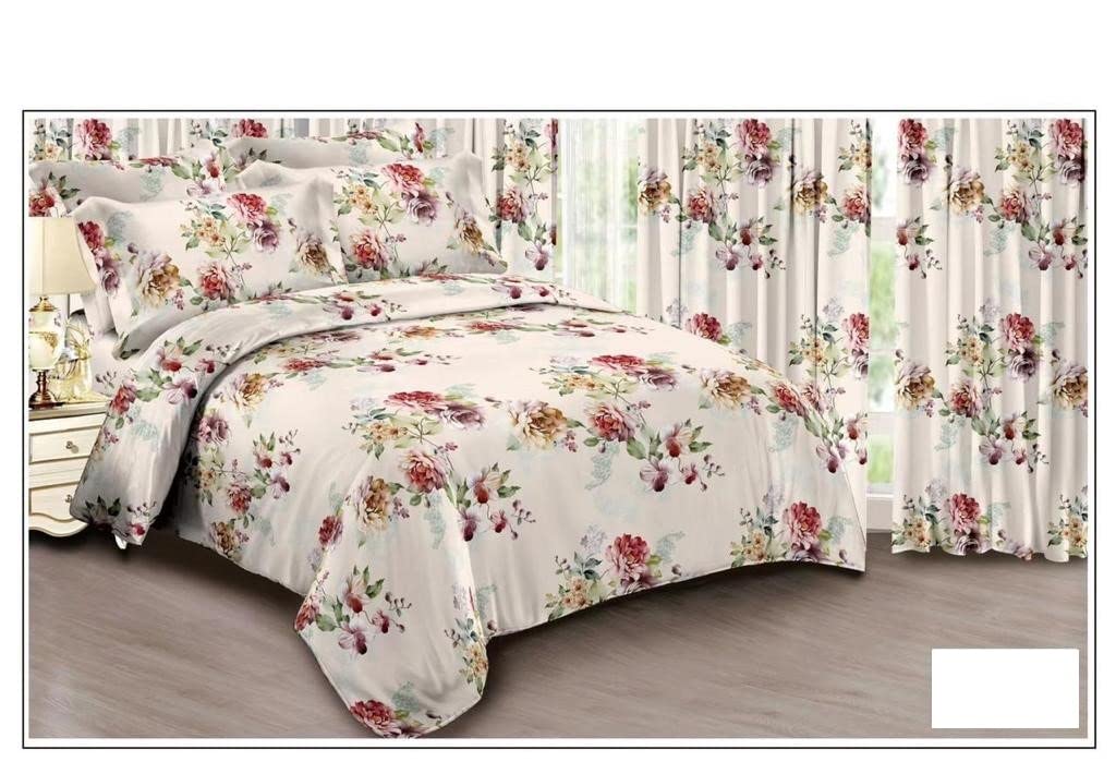 Living Room Duvet Covers Set with matching Curtains , King Size, Pure Cotton Doll House Floral Design (A1)