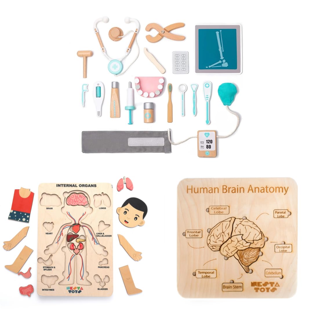NESTA TOYS - Wooden Doctor Toy Kit for Kids | Pretend Play Doctor Set | Human Anatomy & Brain Puzzle (3+ Years) (B0CG1M9DPW) Amazon Price History, Amazon Price Tracker