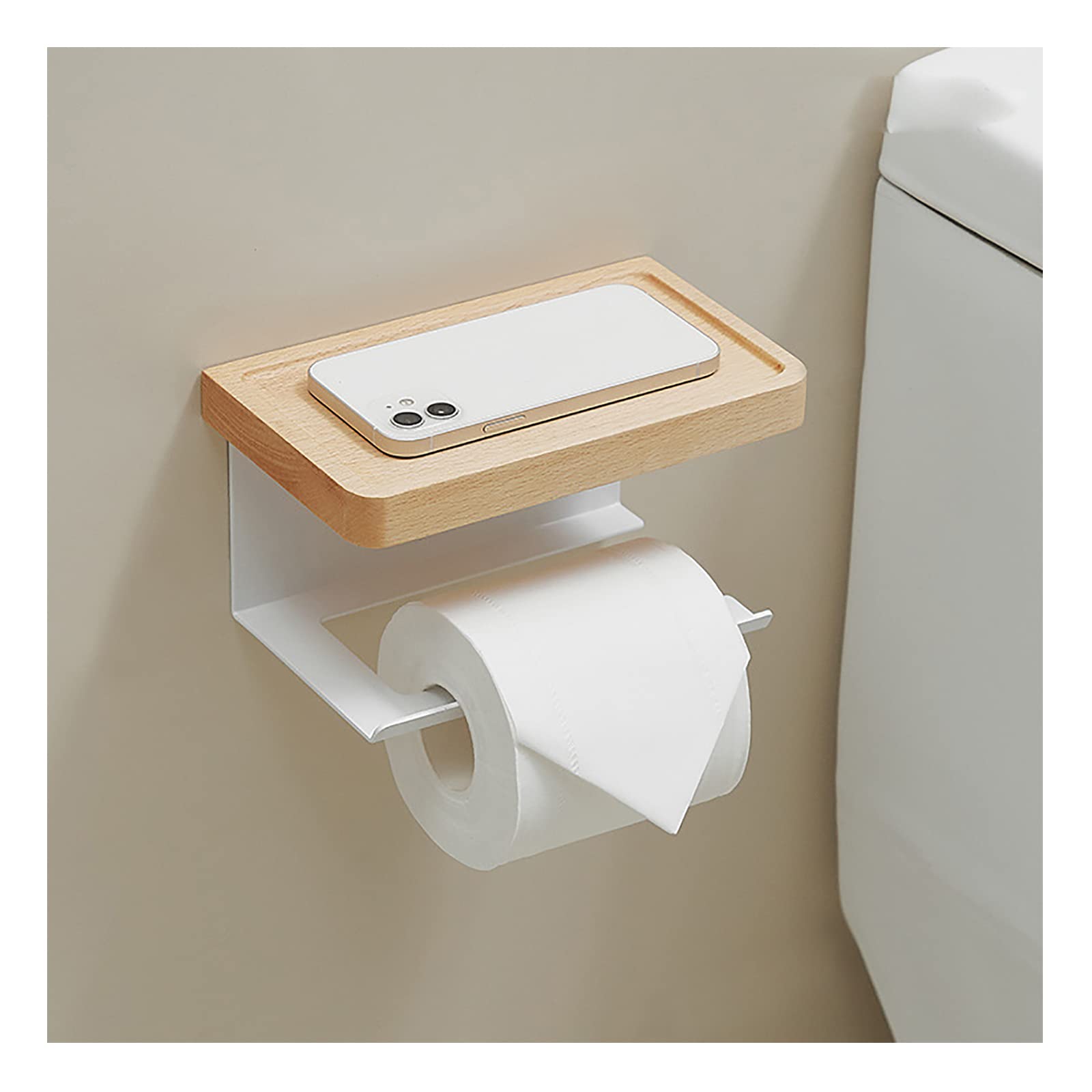 Portarrollos Papel Higienico, Porta Rollos de Papel Higienico Madera, Portarollos Papel Higienico Adhesivo con Espacioso Estante, para Cocina y Baño Multifunción Blanco