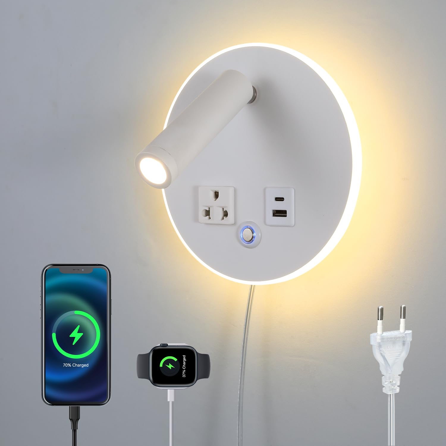 Lampada da lettura da parete dimmerabile e regolabile con controllo tattile – Porta di ricarica USB C+A, per camera da letto/soggiorno con cavo staccabile, colore: bianco (rotondo))