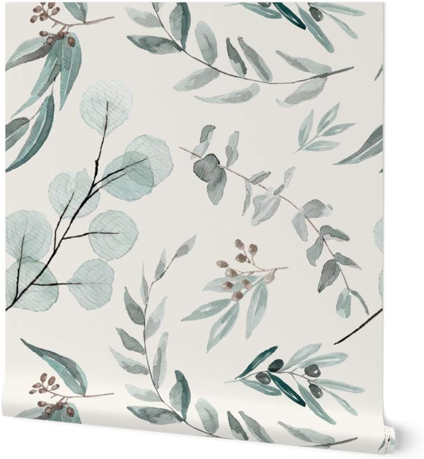 Removable Wallpaper 6ft x 2ft - Eucalyptus Leaves Large Scale Bone Background Australian Flora Custom Pre-Pasted Wallpaper by Spoonflower