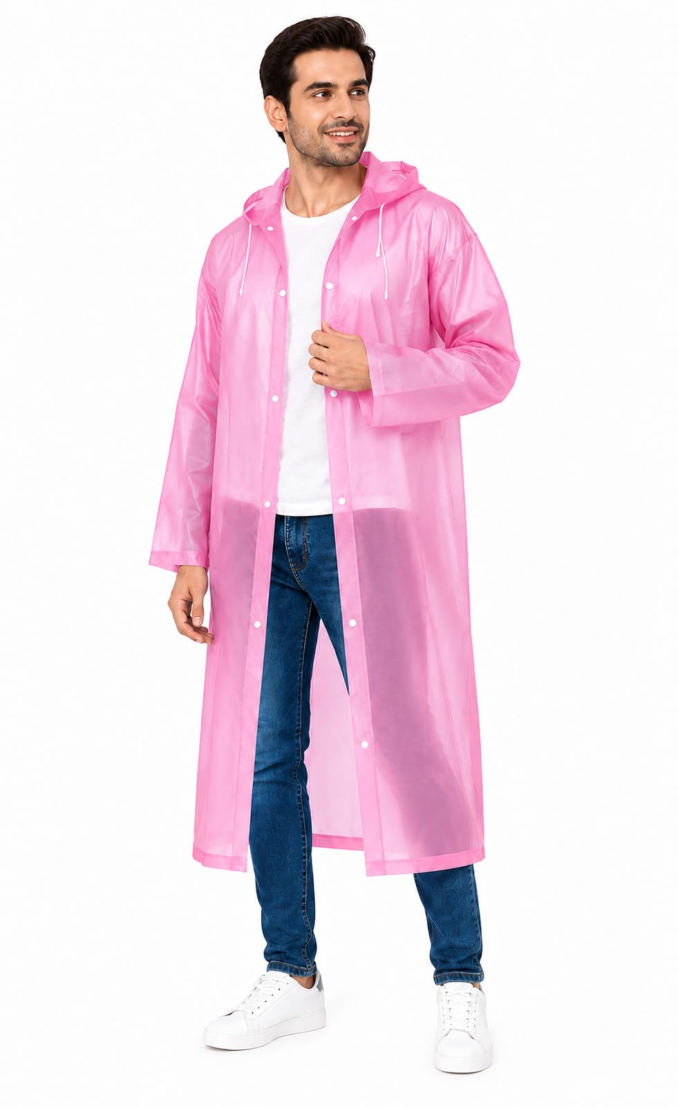 Pink Hooded Raincoat with Snap Buttons, Long Length-picture-24