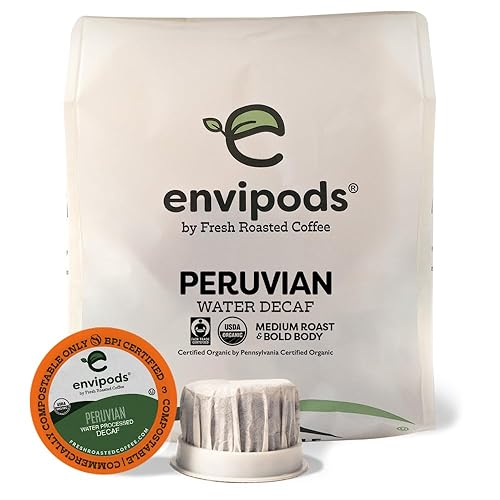 Fresh Roasted Coffee, Comercio Justo orgánico peruano procesado con agua descafeinado compostable, Kosher, tostado medio 12 unidades para cafeteras