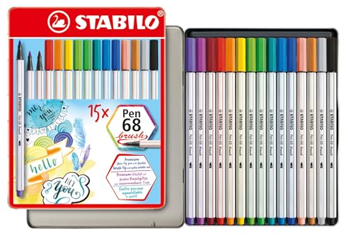 Premium Fiber-Tip Pen with Brush Tip - STABILO Pen 68 brush - Tin of 15 - Assorted Colors