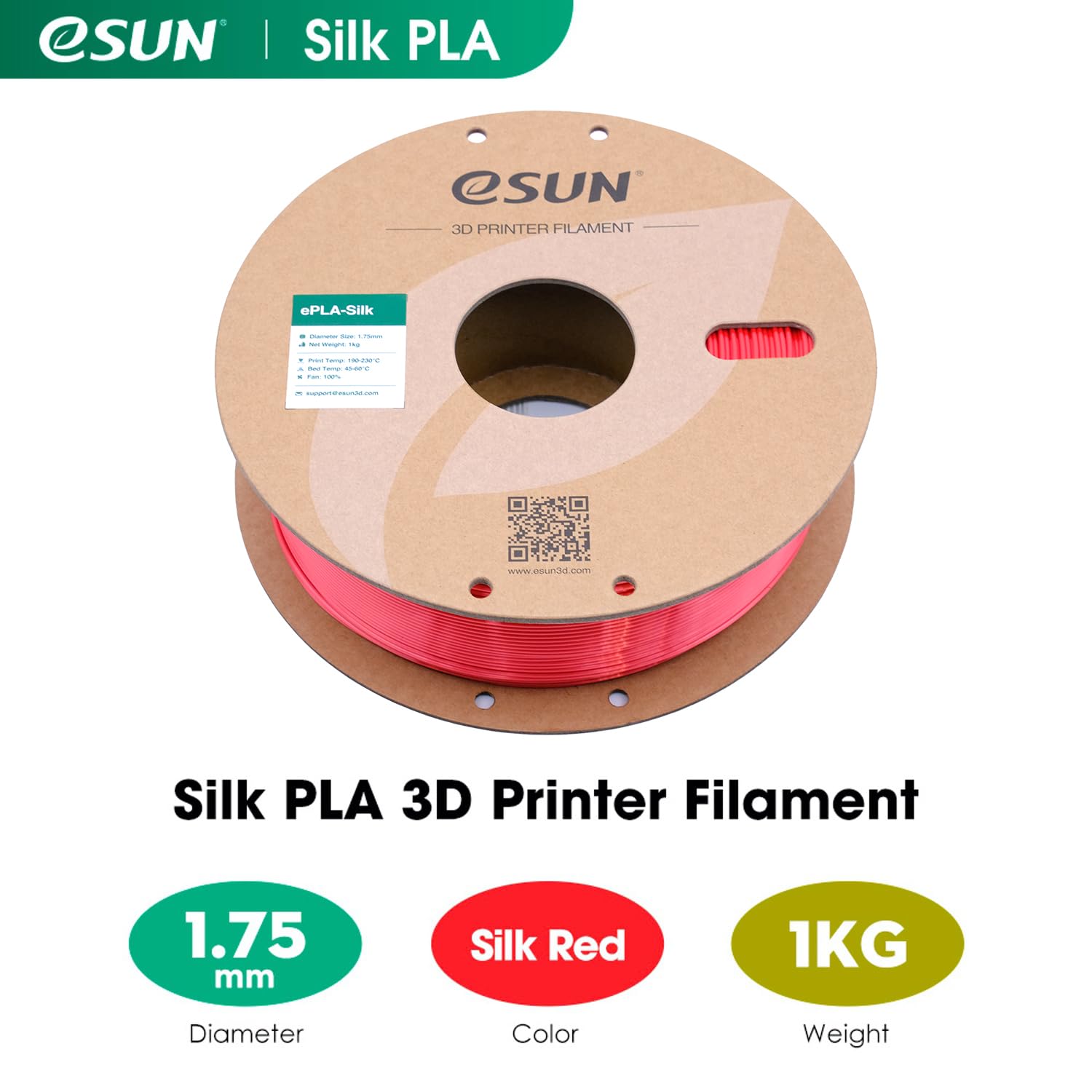 eSUN Filamento PLA Seta 1.75mm, Filamento PLA per Stampante 3D Lucido Serico, Precisione Dimensionale +/- 0.05mm, Bobina da 1KG (2.2 LBS) Filamento per Stampa 3D per Stampanti 3D, Seta Rosso