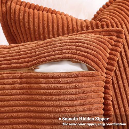 decorUhome Fall Corduroy Rust Throw Pillow Covers 18x18 Set of 2 Decorative Soft Boho Striped Neutral Euro Farmhouse Couch Pillow Cases with Broadside for Living Room Bed Sofa