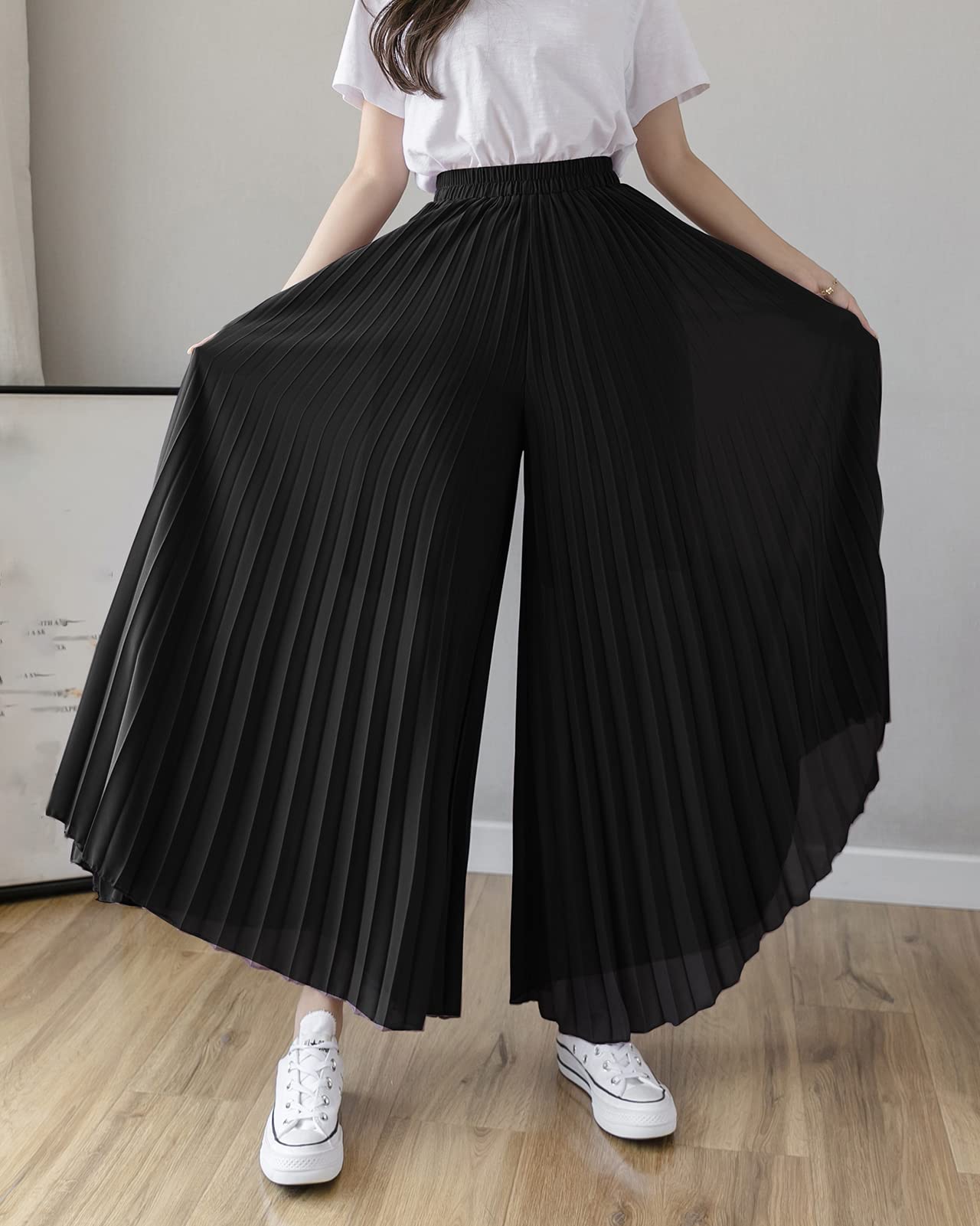 Pantalon Large Femme Plissée Taille Haute Léger Décontracté Confortable Pantalon de Mousseline Jupe-Culotte Femmes