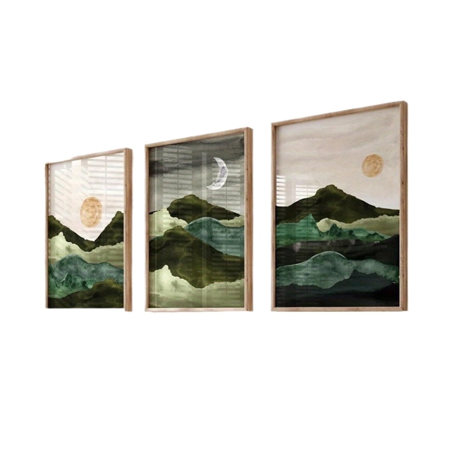 Graiting 3pcs Wall Painting Poster Green Valley Landscape Sun And Moon Background Room Decoration