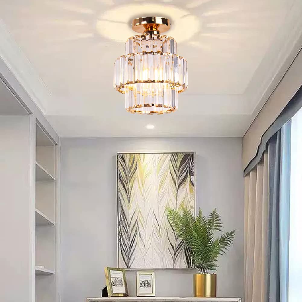 Mini lustre en cristal lustre encastré plafonnier double couche de cristal moderne lustre luminaire Chambre couloir Bar cuisine salle de bain (or)