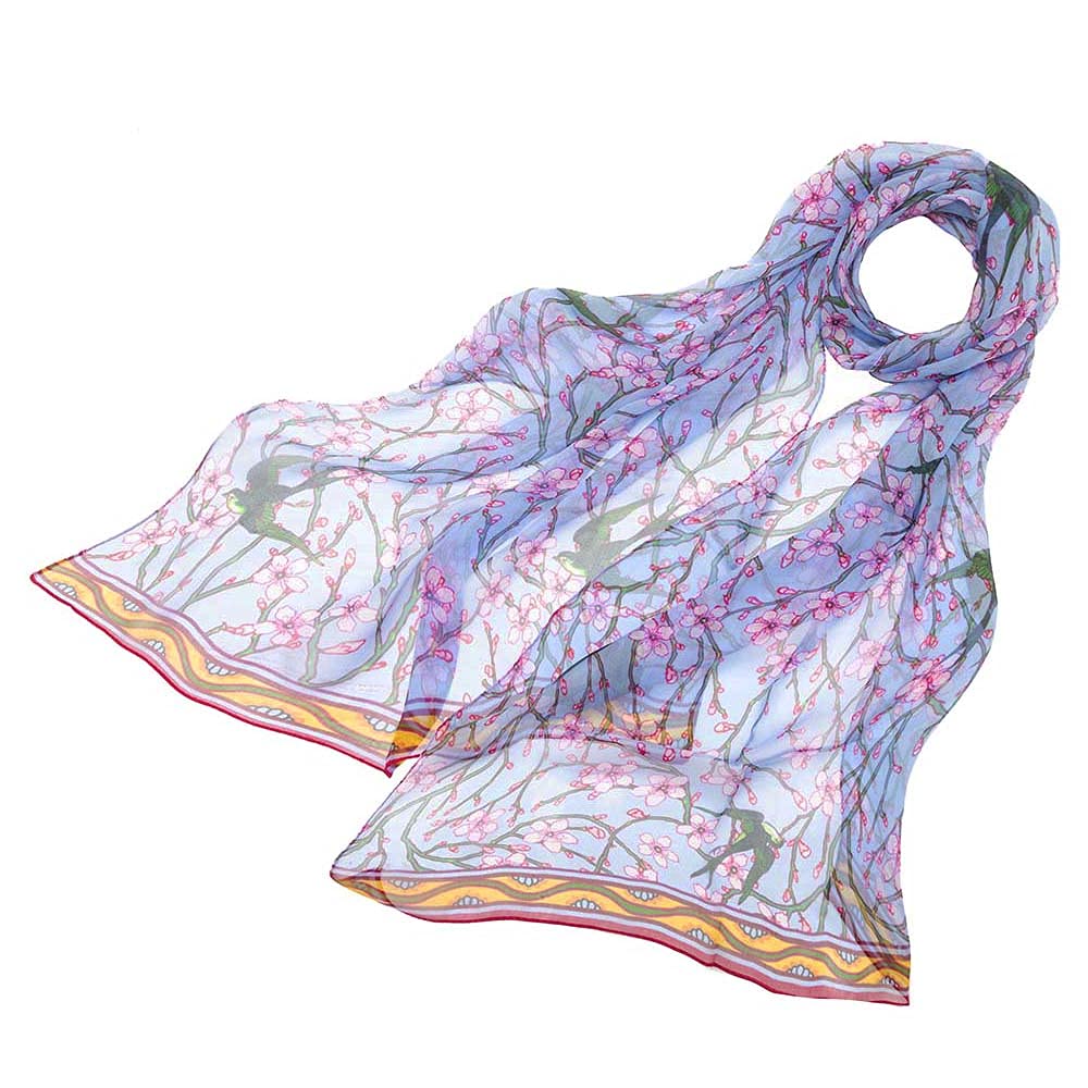 Signare Women's 100% Silk Lightweight and soft Scarf/Headwear (Almond Blossom and Swallow)